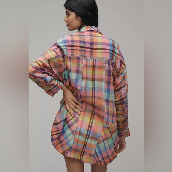 NWT Pilcro XXS/XS Long-Sleeve Mixed Madras Plaid Oversized Buttondown Shirt - Picture 3 of 15